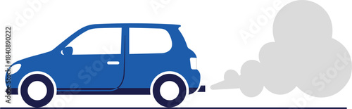 Blue car emitting grey exhaust fumes on white background vehicle smoke