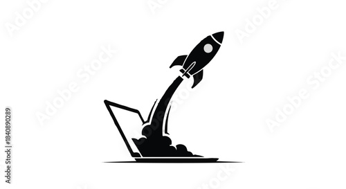 A stylized rocket launches upward from the screen of an open laptop computer.