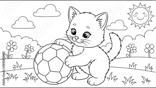 A black and white line drawing of a cute kitten playing with a soccer ball in a sunny meadow with flowers and clouds.
