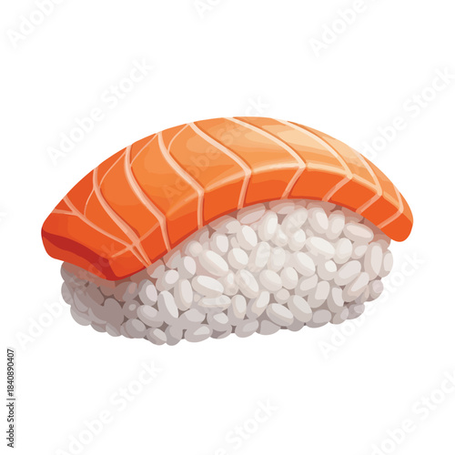 A single piece of salmon sushi with white rice on a plain white background, shot in a flat lay style with vibrant colors.