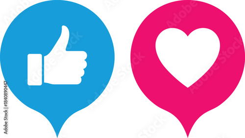 Blue thumbs up and pink heart icons on white background like social media