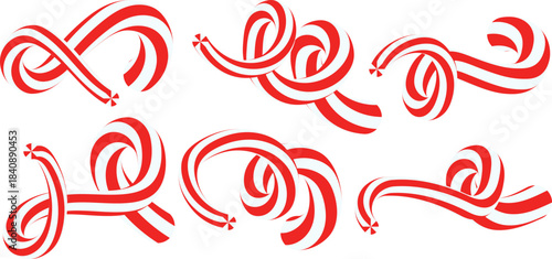 Six Red and White Swirling Ribbon Elements on White Background red white ribbon abstract ribbon
