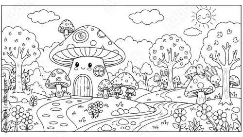 A whimsical black and white line drawing of a mushroom house with a winding path, trees, and flowers in a fantastical forest landscape with a sunny sky and clouds.