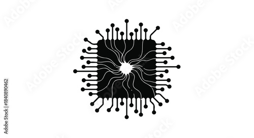 Central processing unit microchip design shows radiating, interconnected lines extending from the square.
