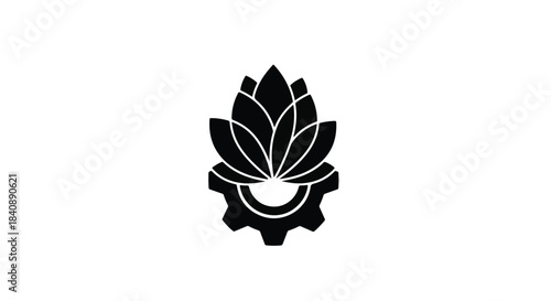 Black silhouette combines a blooming lotus flower above a mechanical gear element on white.