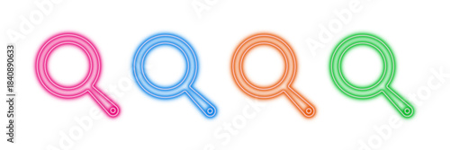 Neon glowing magnifying glass vector icons set, search, find, zoom, explore, discovery, vibrant colorful outline digital design illustration on transparent background.