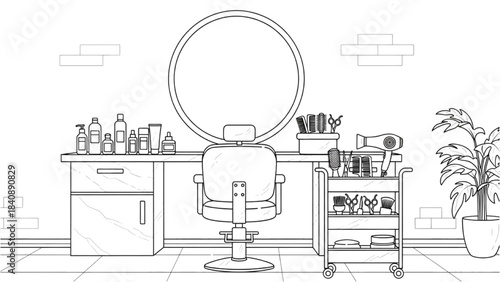 Salon Workstation Continuous Line Art – Stylist Chair, Mirror, Tools, and Product Bottles Illustration