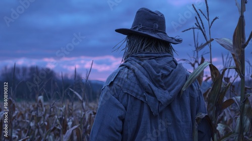 Scarecrow in a cornfield at dusk