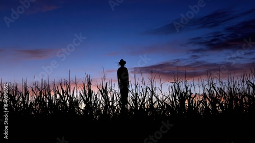Silhouette figure in a cornfield at dawn
