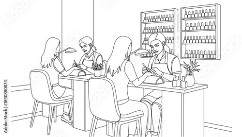Nail Artist Salon Section Continuous Line Art – Manicure Tables, Chairs, and Polish Display Illustration