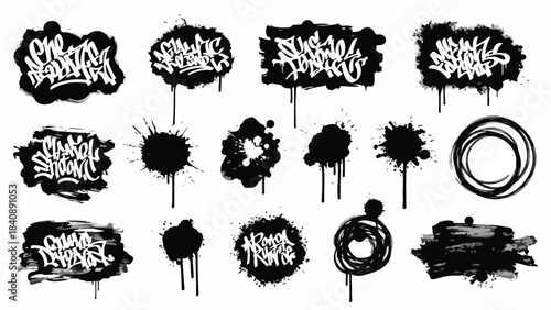 A collection of black and white graffiti-style text and symbol designs on a white background with a mix of splattered and dripping ink effects.