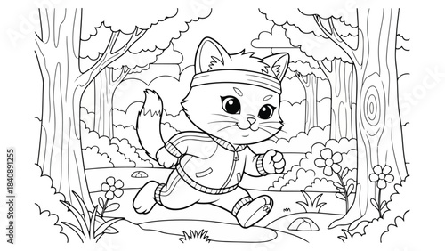 A cartoon cat wearing a headband and running through a forest with trees and flowers, illustrated in a line drawing style with a playful mood.