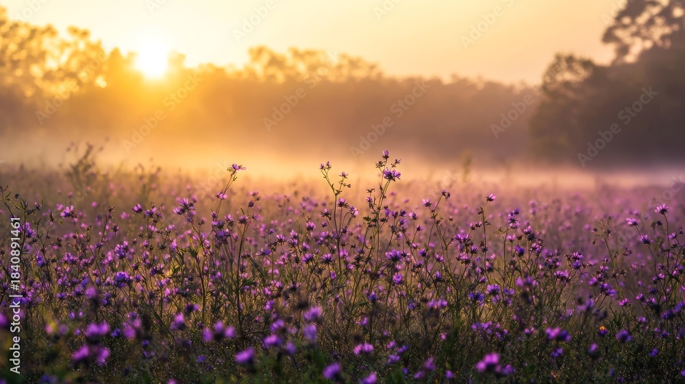 Naklejka premium 2.A magical, misty morning scene of a Blazing Star meadow, where thousands of purple blooms stretch toward the horizon, their delicate petals appearing almost weightless in the golden dawn.