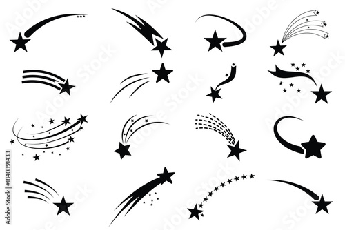 Black shooting stars isolated on white background. Set of shooting stars. A set of silhouettes displays shooting stars in various forms.