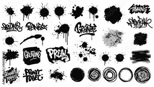 Black and white graphic design elements including splatters, graffiti, and swirls on a clean white background with a dark artistic mood.