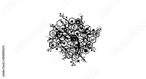 Abstract overhead view depicts a dense cluster of interconnected hexagonal cells resembling a beehive.
