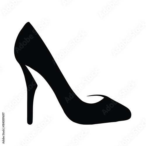 A black high heel shoe is presented in a simple silhouette against a white background.