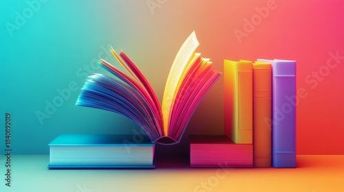 106.A vibrant, 3D illustration showing an open book with detailed, fluttering pages, accompanied by two colorful closed books stacked beside it, symbolizing the worlds of education, reading, and