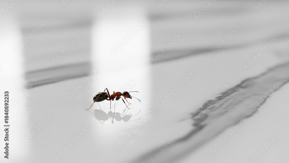 Fototapeta premium A small ant walks across a reflective white surface with dark patterns and blurred background.