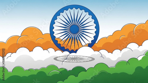 Vibrant Indian Flag Abstract: This digital artwork depicts the essence of the Indian flag, the Ashoka Chakra, with vibrant hues of orange, white, and green, celebrating patriotism and national pride.