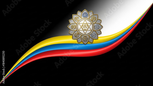 Mystical Symbol and Flowing Colors: An intriguing emblem, blending intricate patterns with a radiant, curved ribbon of vibrant hues, set against an enigmatic dark backdrop.