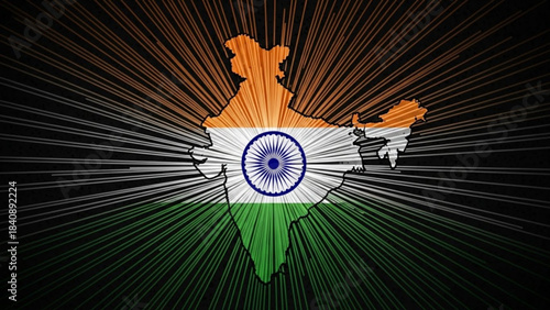India's Radiant Identity: A vivid illustration of India, its geographical outline shaped by its national flag's colors, radiates with an aura of patriotism and cultural heritage.