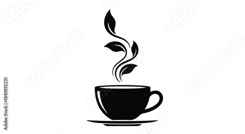 Black teacup illustration features steam rising upwards as decorative swirling leaves.