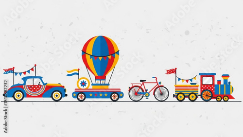 Colorful Parade of Transportation: A vibrant procession of various modes of transportation, each decorated with festive elements and ready for a joyous celebration.