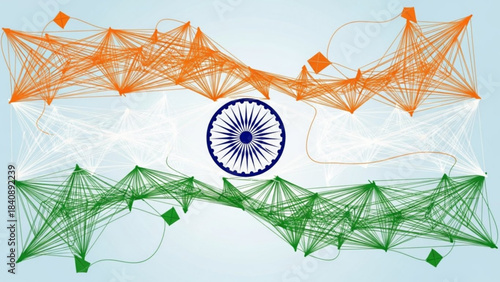 India's Digital Tapestry: The Indian flag rendered in a complex web of interconnected lines, symbolizing the nation's digital interconnectedness and its progress.