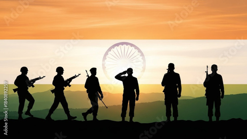 Silhouette of Soldiers against Flag: Silhouetted soldiers stand in proud formation against the backdrop of a national flag during sunset, representing courage, and patriotic values.