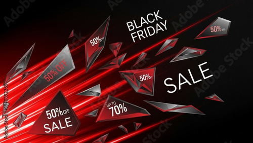 Black Friday Sale: Dynamic abstract composition for the anticipated Black Friday, featuring shards of glass with discount details. The sale is conveyed with bold lettering and striking red highlights.