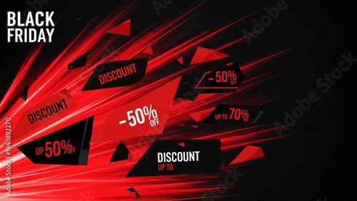 Black Friday Discount Blast: Dynamic red and black geometric shapes explode across the scene, emblazoned with enticing discount percentages.