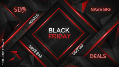 Black Friday Sale: A dynamic composition advertising Black Friday deals, featuring bold text against a modern background with geometric shapes and accents. 