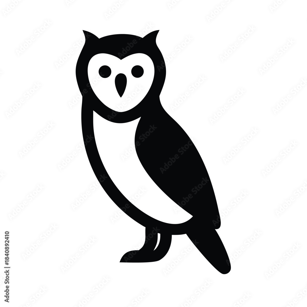 Fototapeta premium A stylized black and white illustration of an owl is shown on a white background.