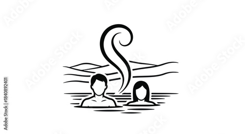 Stylized illustration shows a man and woman relaxing in hot spring steam rising above them.