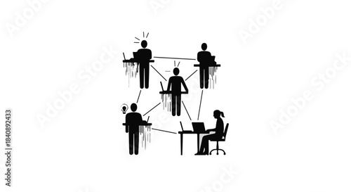 Silhouettes of five office workers connected by lines while sitting at desks with laptops in a network.