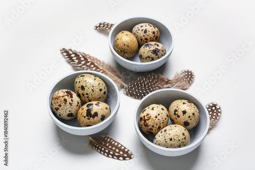 Bowls with fresh quail eggs...