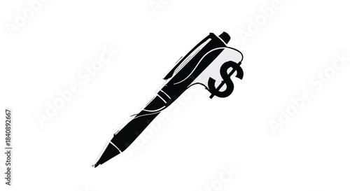 A black and white illustration depicts a ballpoint pen entangled with a dollar sign symbol.