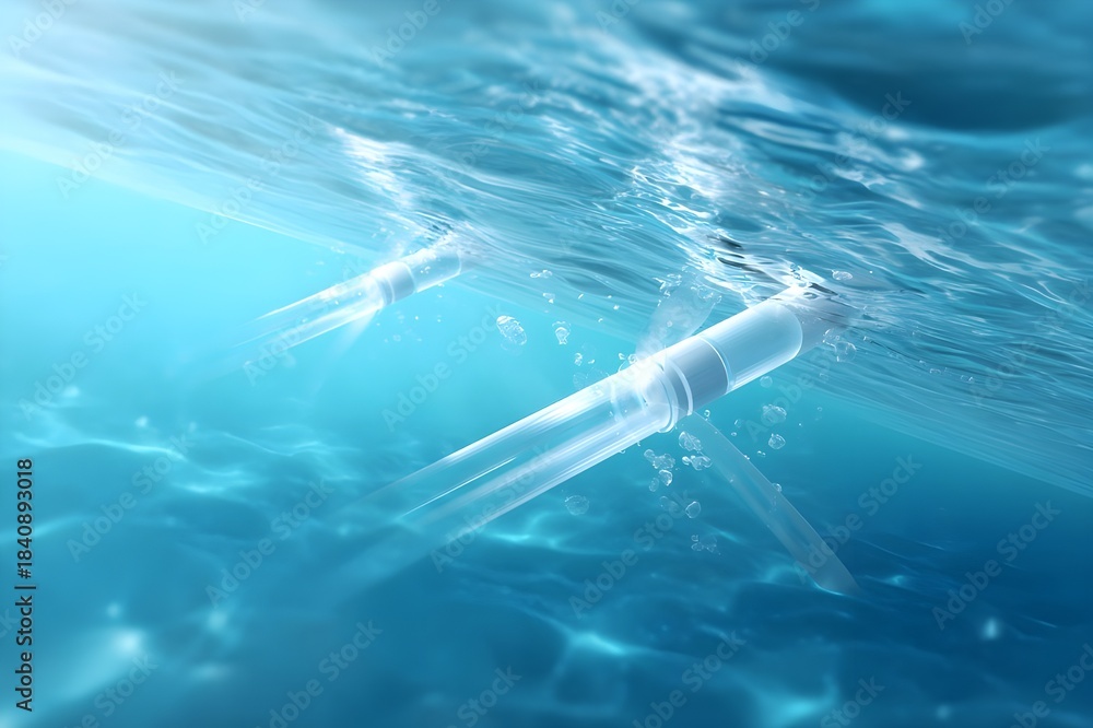 Fototapeta premium Tidal energy turbines beneath clear ocean water demonstrating innovative renewable technology in bright transparent marine setting