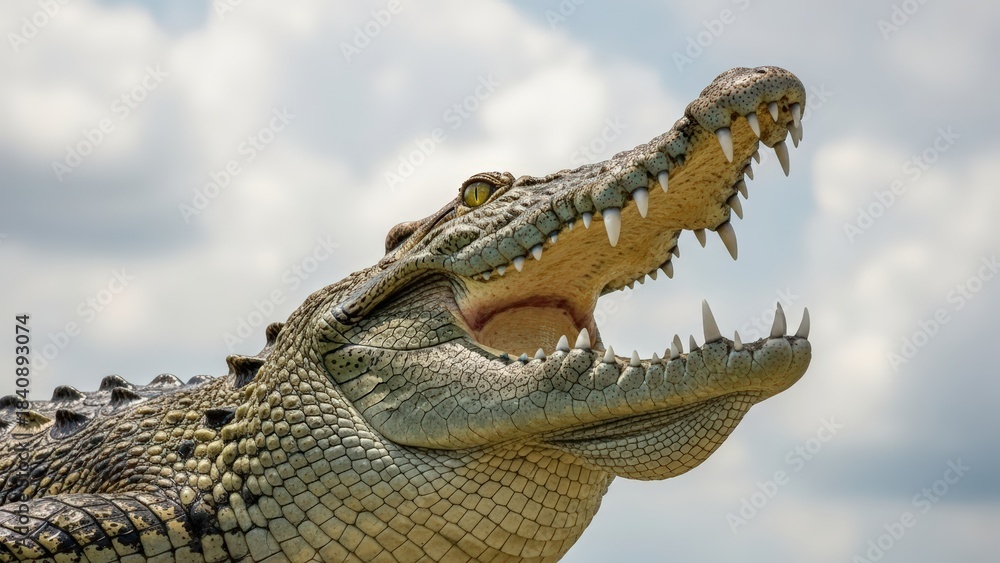 Obraz premium A powerful crocodile with its mouth wide open, showcasing its sharp teeth against a bright sky.
