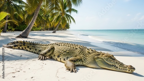 Fototapeta Naklejka Na Ścianę i Meble -  A large crocodile rests on a pristine white sand beach with palm trees and turquoise ocean in the background.