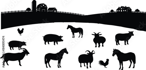 Silhouette of farm animals grazing in a field with a rural landscape backdrop