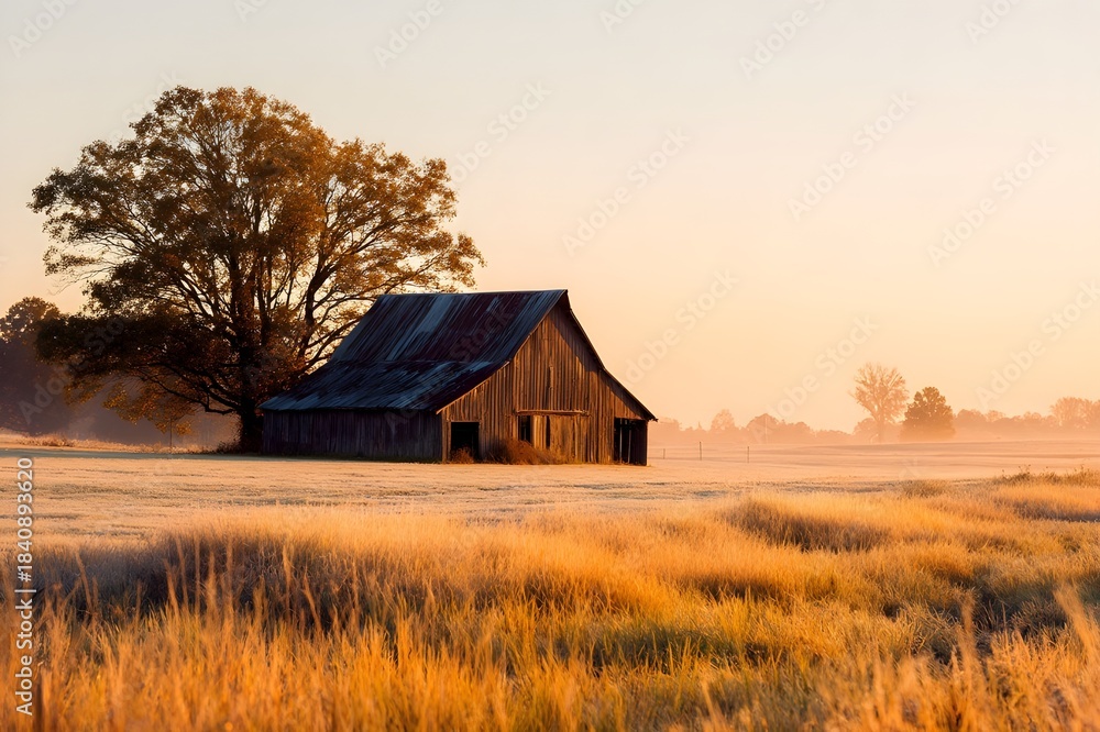 Fototapeta premium Rustic countryside barn glowing at golden dawn embodying serene pastoral life in tranquil open farmland