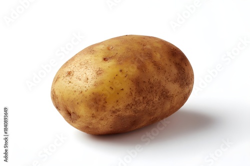 Single russet potato on white background presenting simple clean food subject with honest organic form