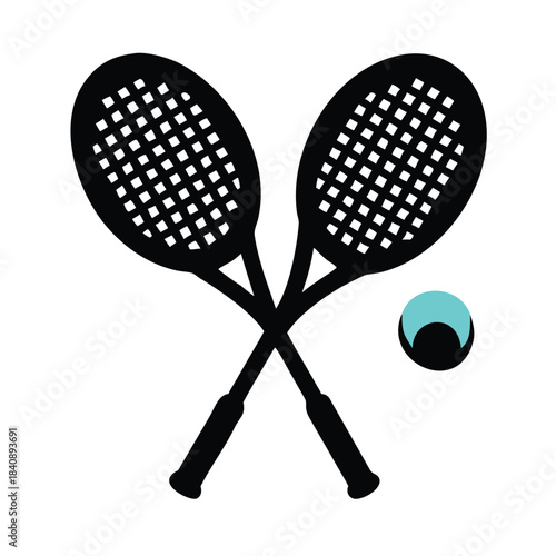Two crossed tennis rackets and a tennis ball are shown against a white background.
