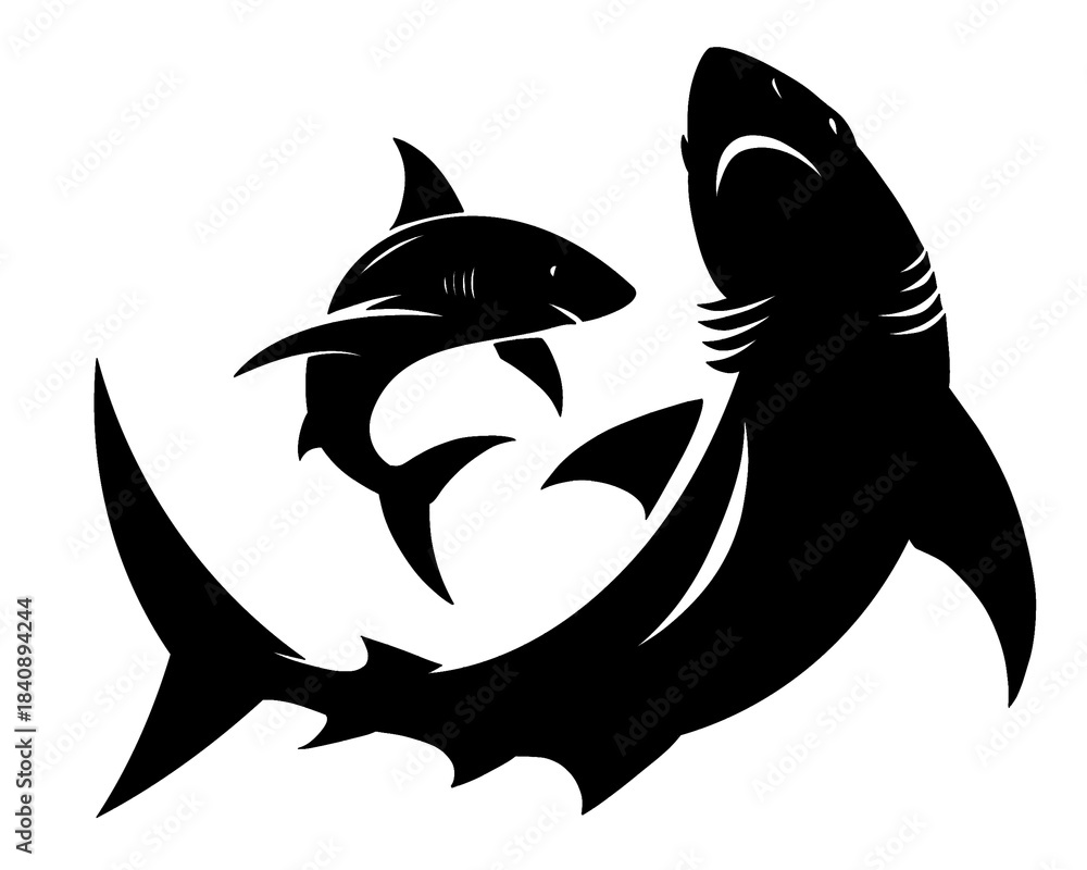 Fototapeta premium silhouette of a shark and its baby, vector illustration 