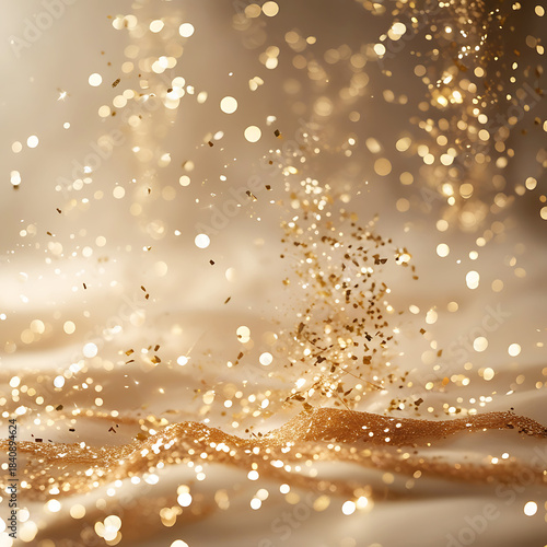 Golden Glitter and Confetti Falling on a Textured Golden Surface image photo