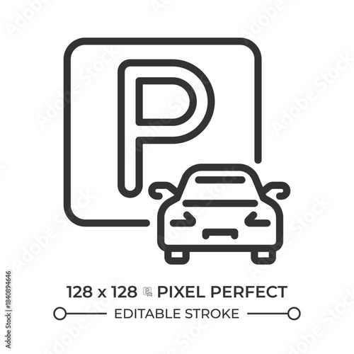 Parking for cars pixel perfect line icon. Place to leave vehicle safely. Driver service. Road infrastructure. Isolated vector illustration. Outline symbol. Simple linear drawing. Editable stroke