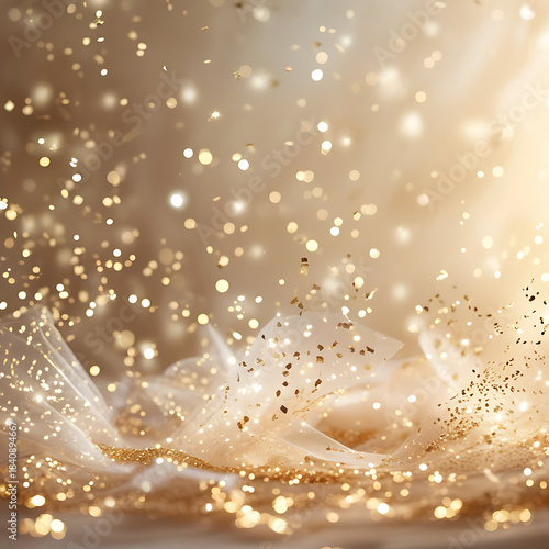 Golden Glitter Confetti Falling on Sheer Fabric with Bokeh Lights image photo