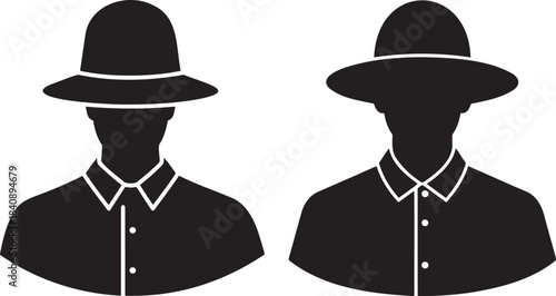 Two figures wearing hats and collared shirts silhouette